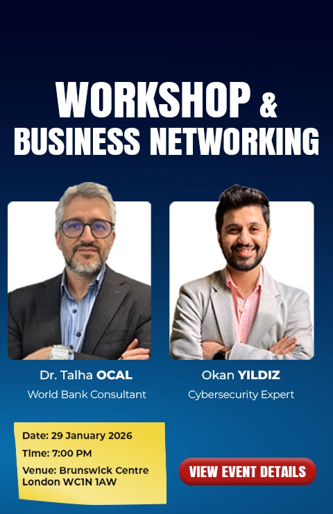 Mobile-optimised event poster for a business networking workshop in London, featuring speakers Dr Talha Ocal (World Bank Consultant) and Okan Yildiz (Cybersecurity Expert).