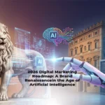 Futuristic digital marketing concept showing AI-powered data analysis, customer engagement, and brand growth in 2026.