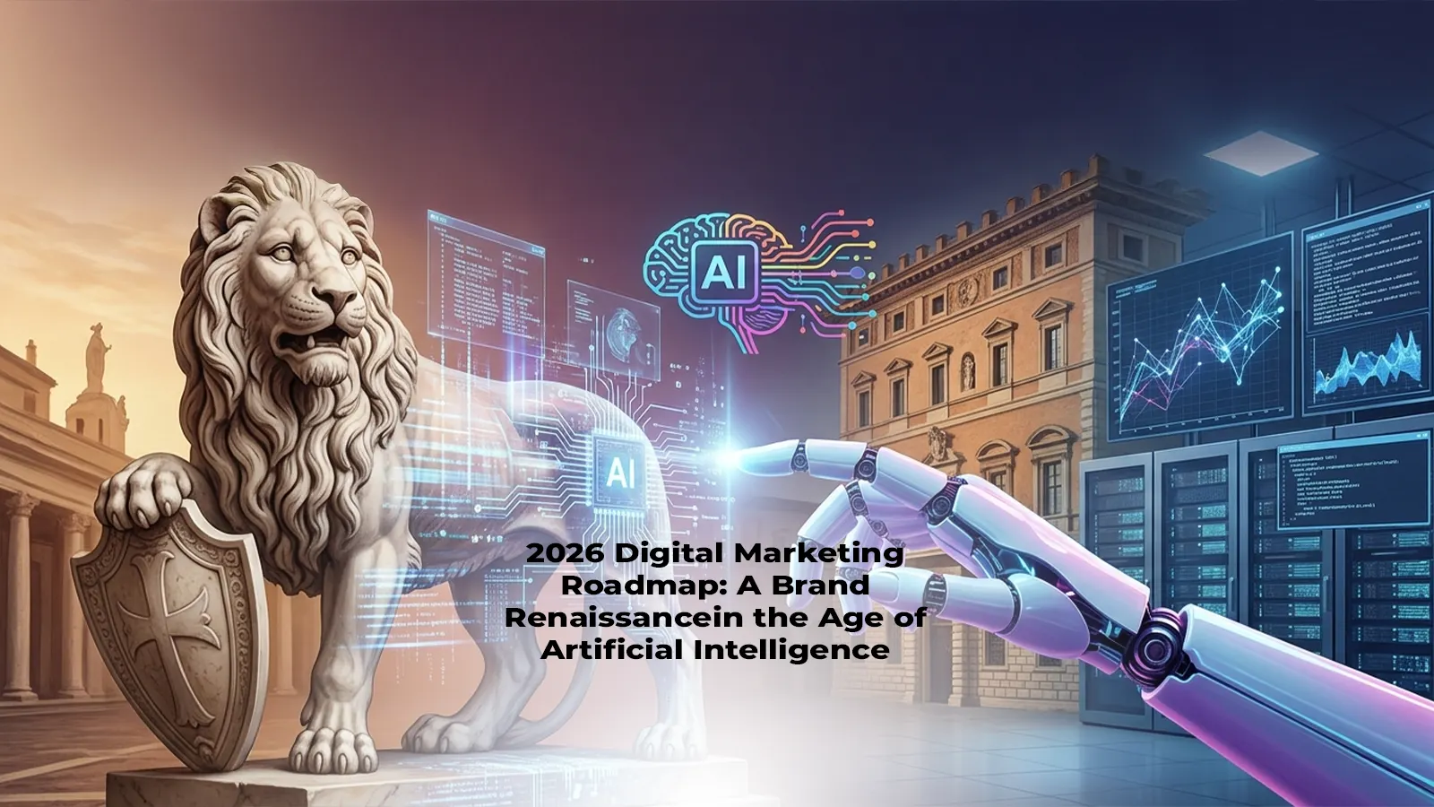 Futuristic digital marketing concept showing AI-powered data analysis, customer engagement, and brand growth in 2026.