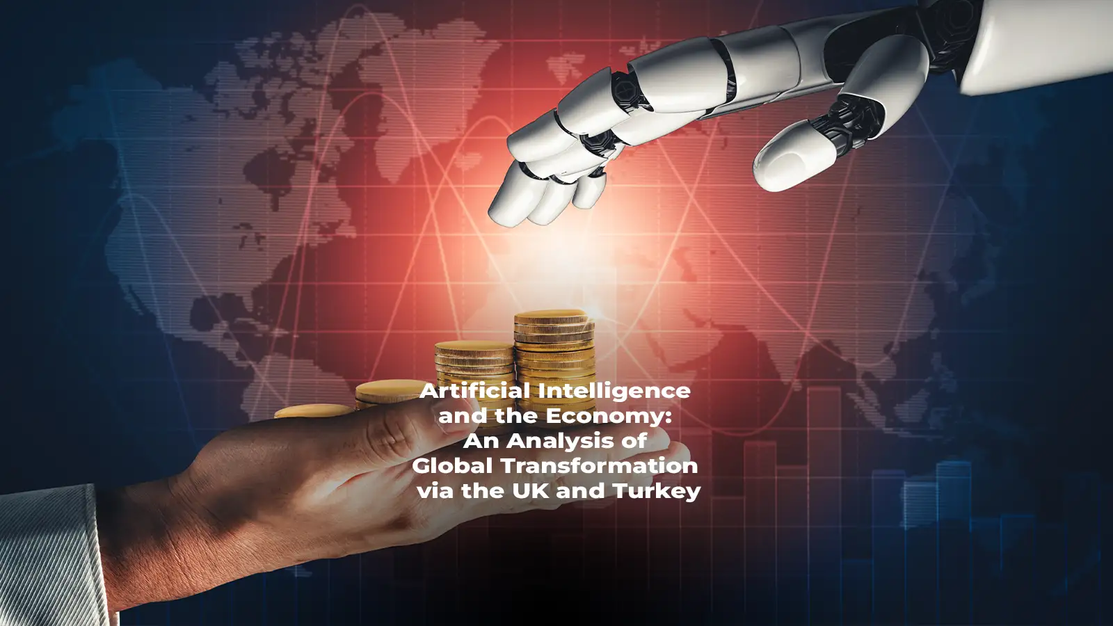 Illustration of Artificial Intelligence impacting global economy with symbols representing the UK and Turkey.