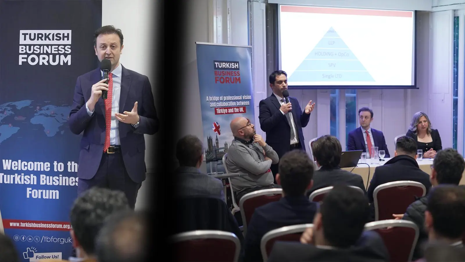 Distinguished speakers Mr Erkan Tepeköy, Ms Gülender Samut, and Mr Ahmet Yalçın Yalçınkaya presenting strategic investment insights during the panel session of the III. Workshop & Business Networking event at Linden House, London.