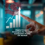 Digital marketing strategy concept for Turkish companies expanding in the UK market, including social media, SEO, and e-commerce.