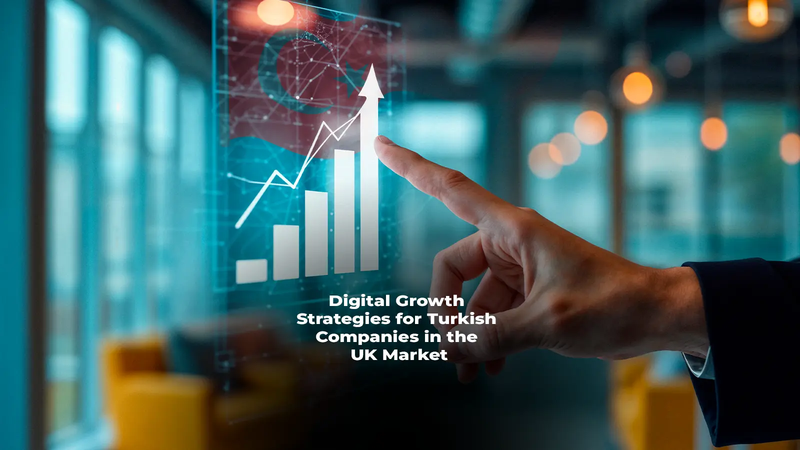 Digital marketing strategy concept for Turkish companies expanding in the UK market, including social media, SEO, and e-commerce.