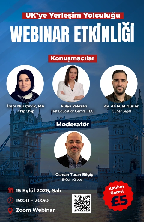 Turkish Business Forum destekli UK'ye Yerleşim Yolculuğu dikey webinar görseli. 15 Eylül 2026 Zoom etkinliği detayları.
