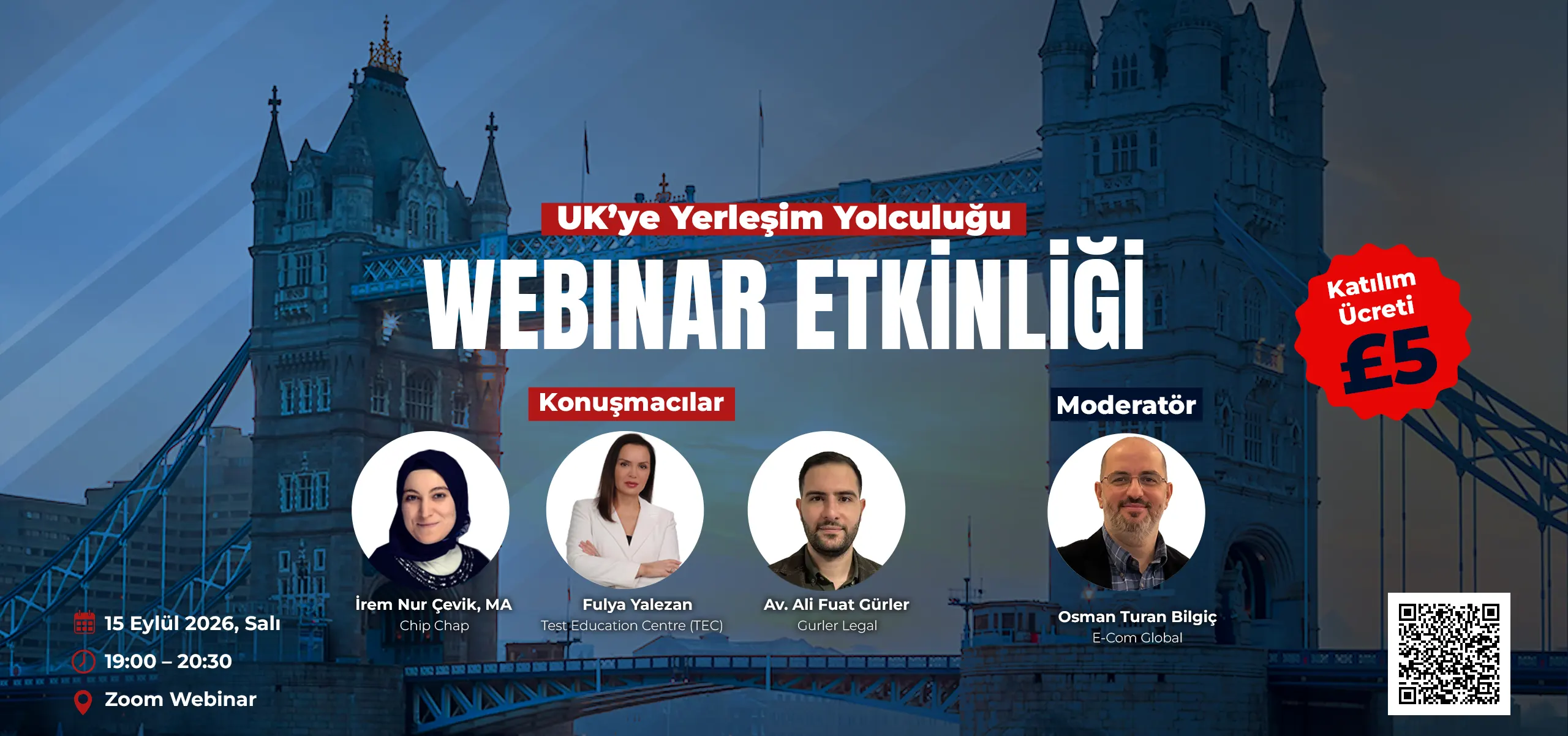 Turkish Business Forum kapsamındaki UK'ye Yerleşim Yolculuğu Zoom webinar afişi. Konuşmacılar: İrem Nur Çevik, Fulya Yalezan, Av. Ali Fuat Gürler, Osman Turan Bilgiç.